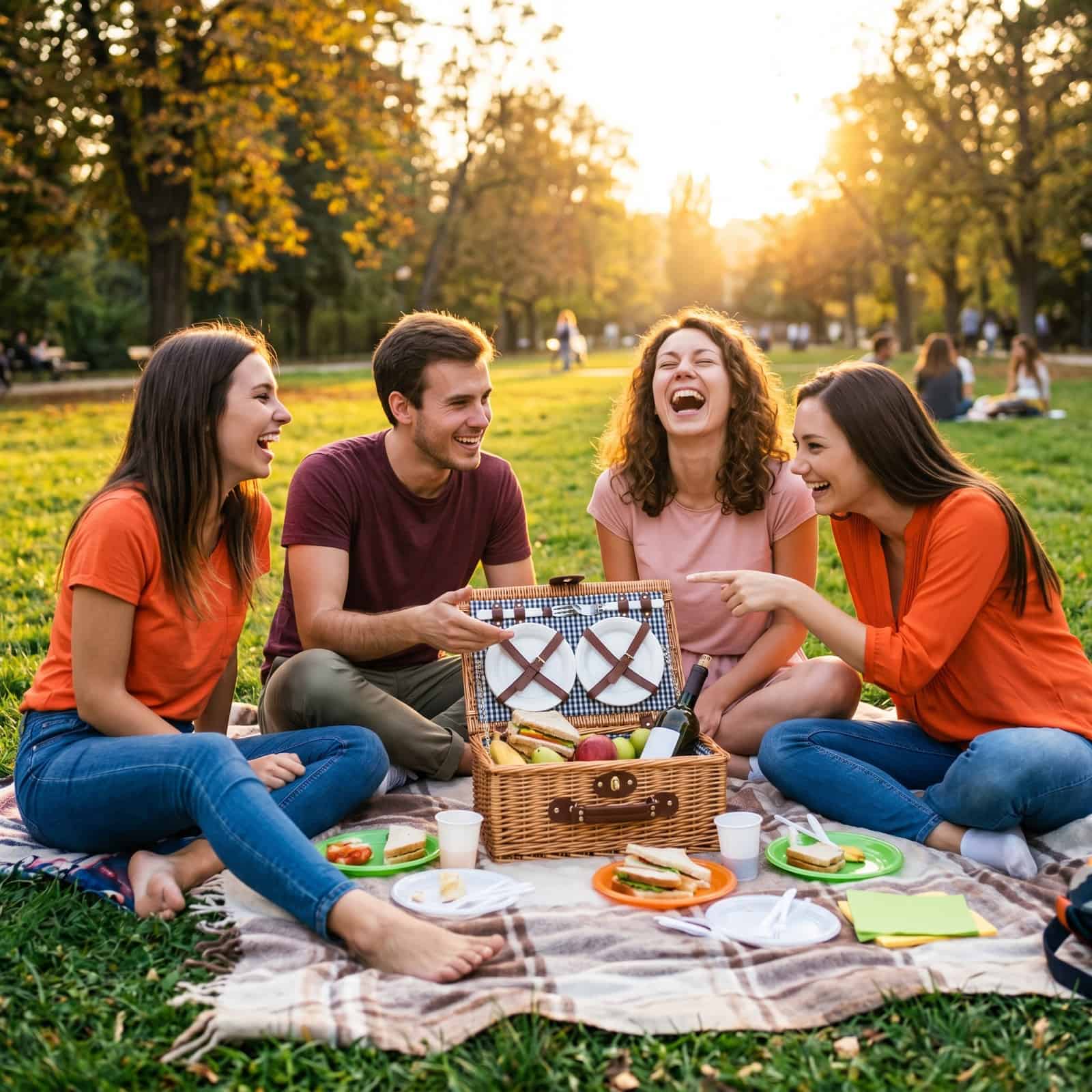 Vrienden lachen samen tijdens een picknick in het park