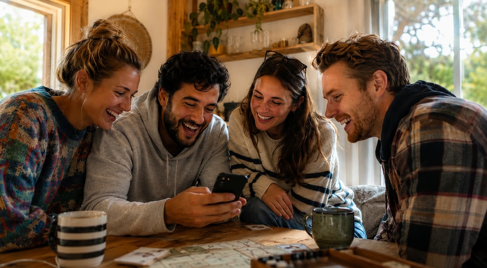 Groepje vrienden lost samen een puzzel op tijdens een weekendje weg