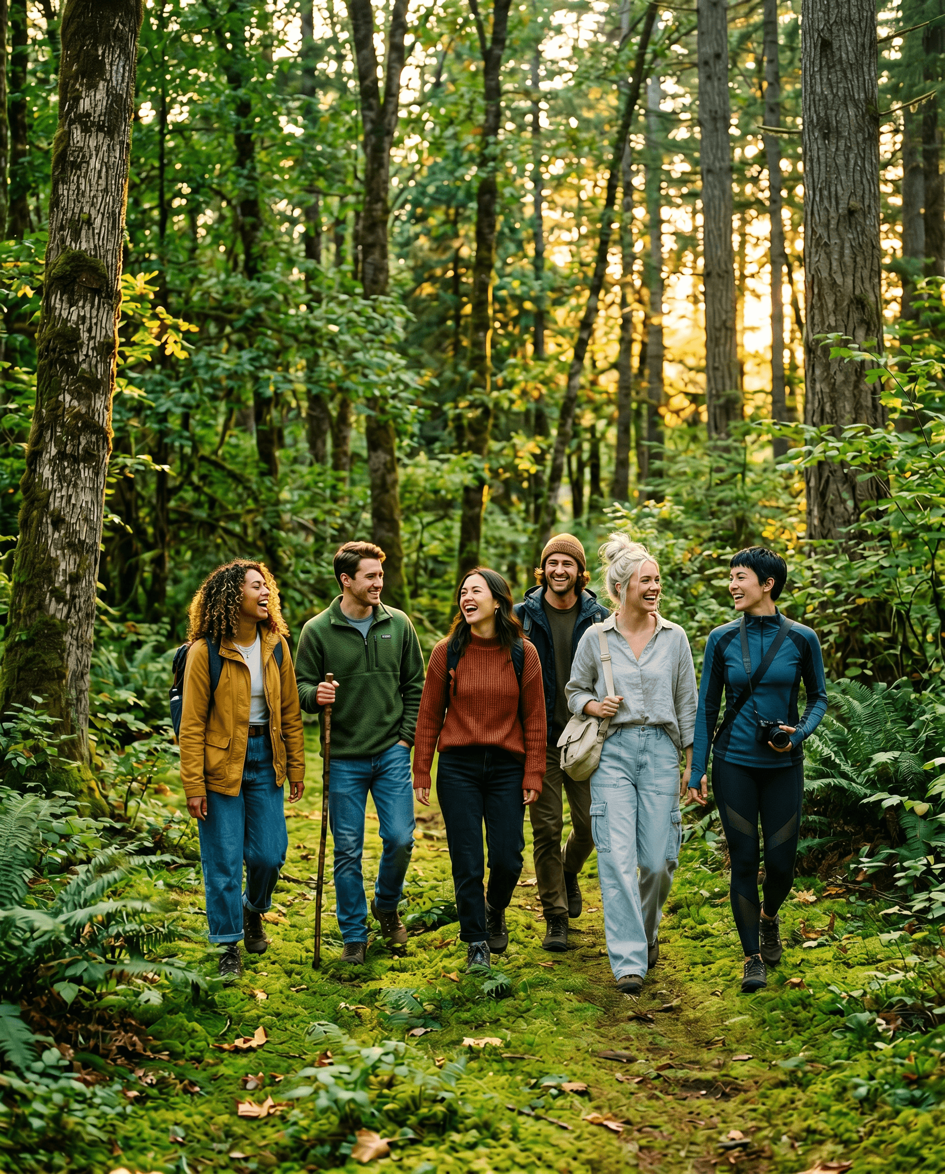 Vrienden lachen terwijl ze door het bos wandelen