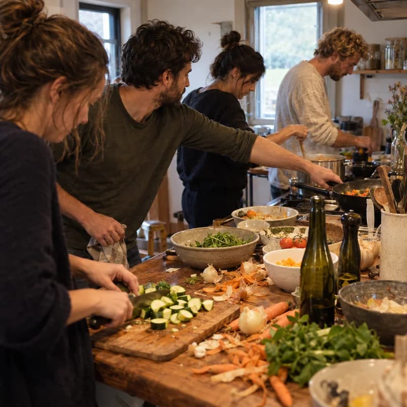 Vrienden koken samen in een vakantiehuis, ieder met een eigen gang
