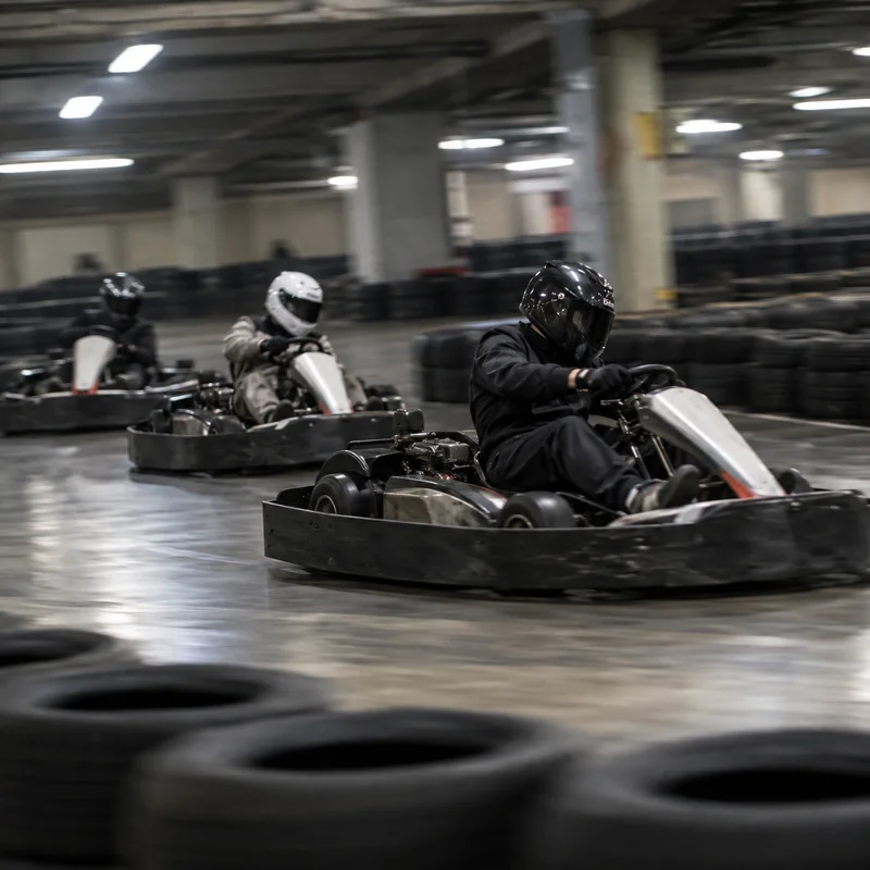 Vrienden in kartkarts op een indoor kartbaan