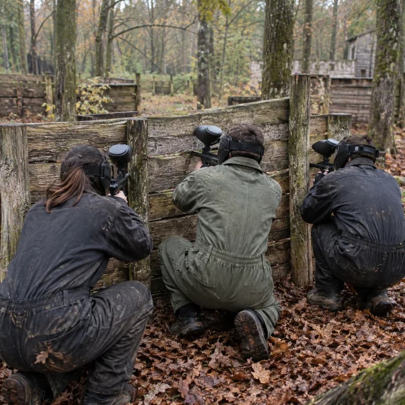 Groep in paintballuitrusting tussen de bomen
