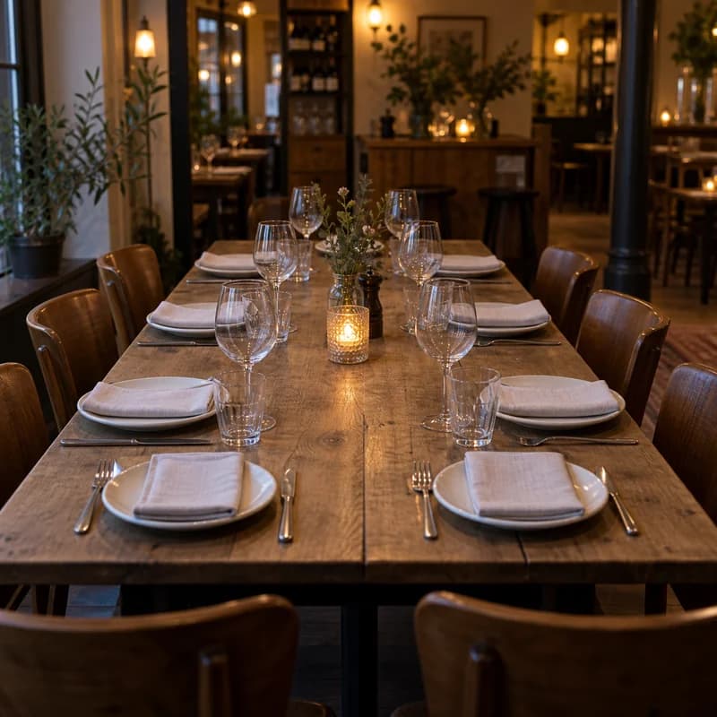 Gedekte tafel voor acht personen in een restaurant