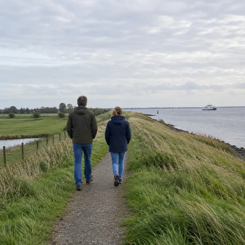 Twee mensen wandelen over een dijkpad richting een veerpont