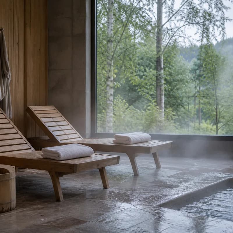Rustige sauna op een vroege zondagochtend met twee lege ligbedden