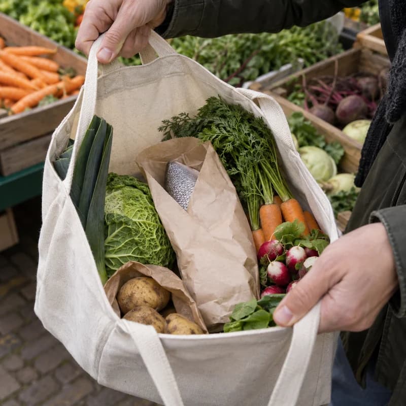 Groente en vis op een Nederlandse weekmarkt in een boodschappentas