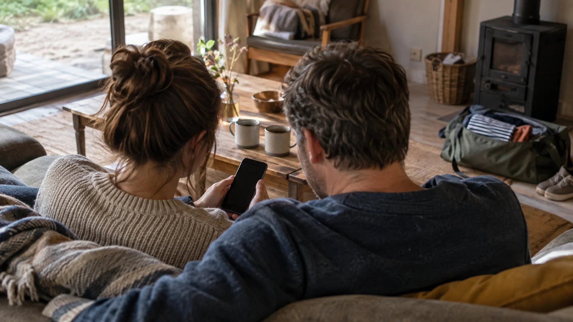 Stel in een vakantiehuisje kijkt samen naar één telefoon tijdens een romantisch weekendje weg
