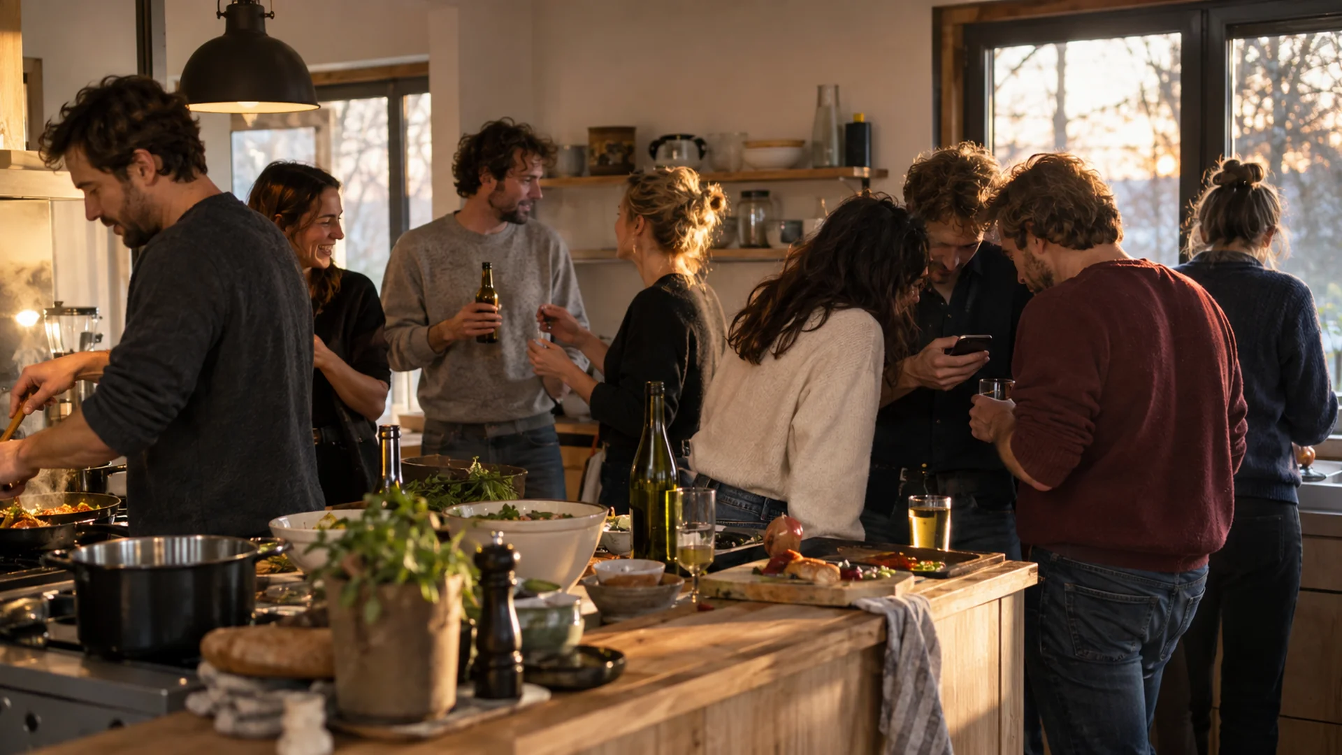 Vriendengroep in de keuken van een vakantiehuis tijdens een weekendje weg